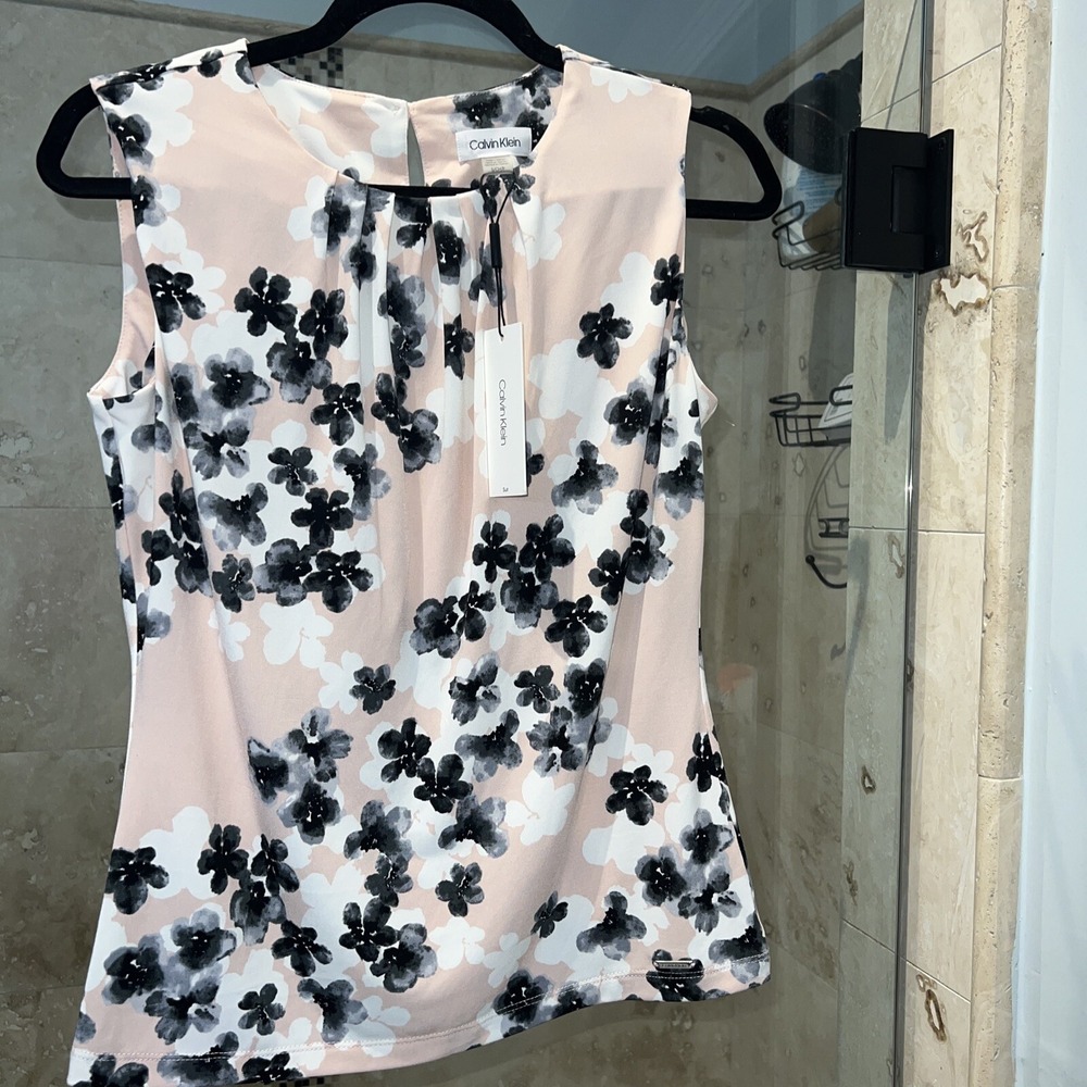 Calvin Klein Womens Floral Tank Blouse Blush Pink Gray White S Sleeveless Top